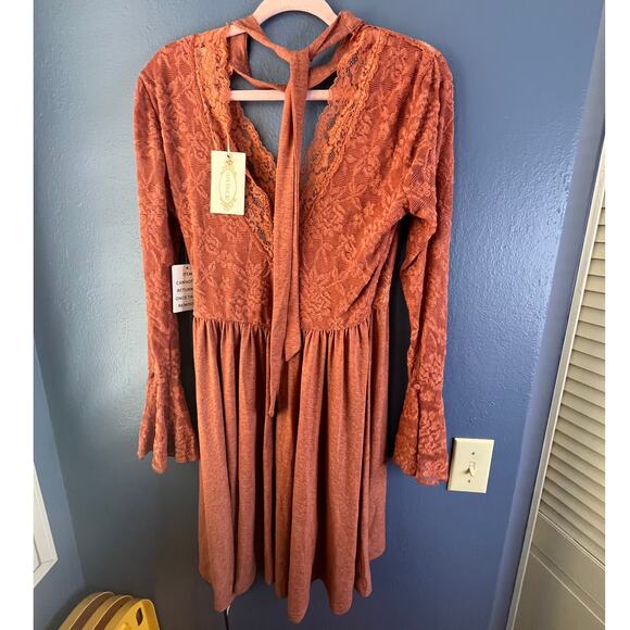 Joyfolie Kandra Mini Dress Sheer Lace long sleeve terracotta Small NWT - Picture 3 of 6